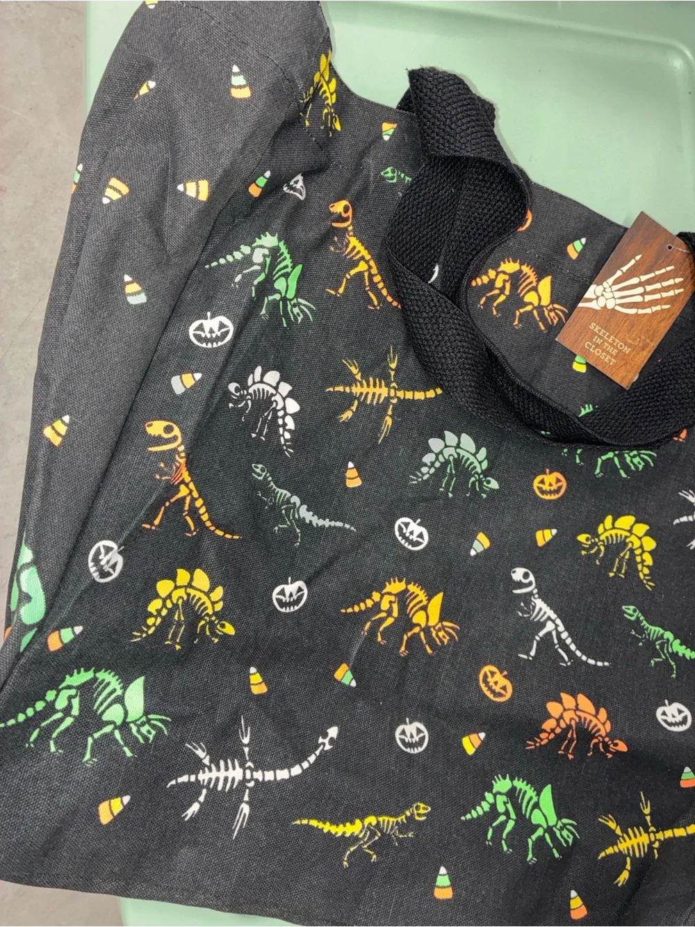 Halloween Dinosaur Skeleton neon canvas tote bag